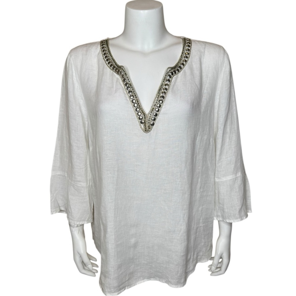 J Jill Love Linen Beaded Top Tunic Blouse L Pullover V-neck White Large